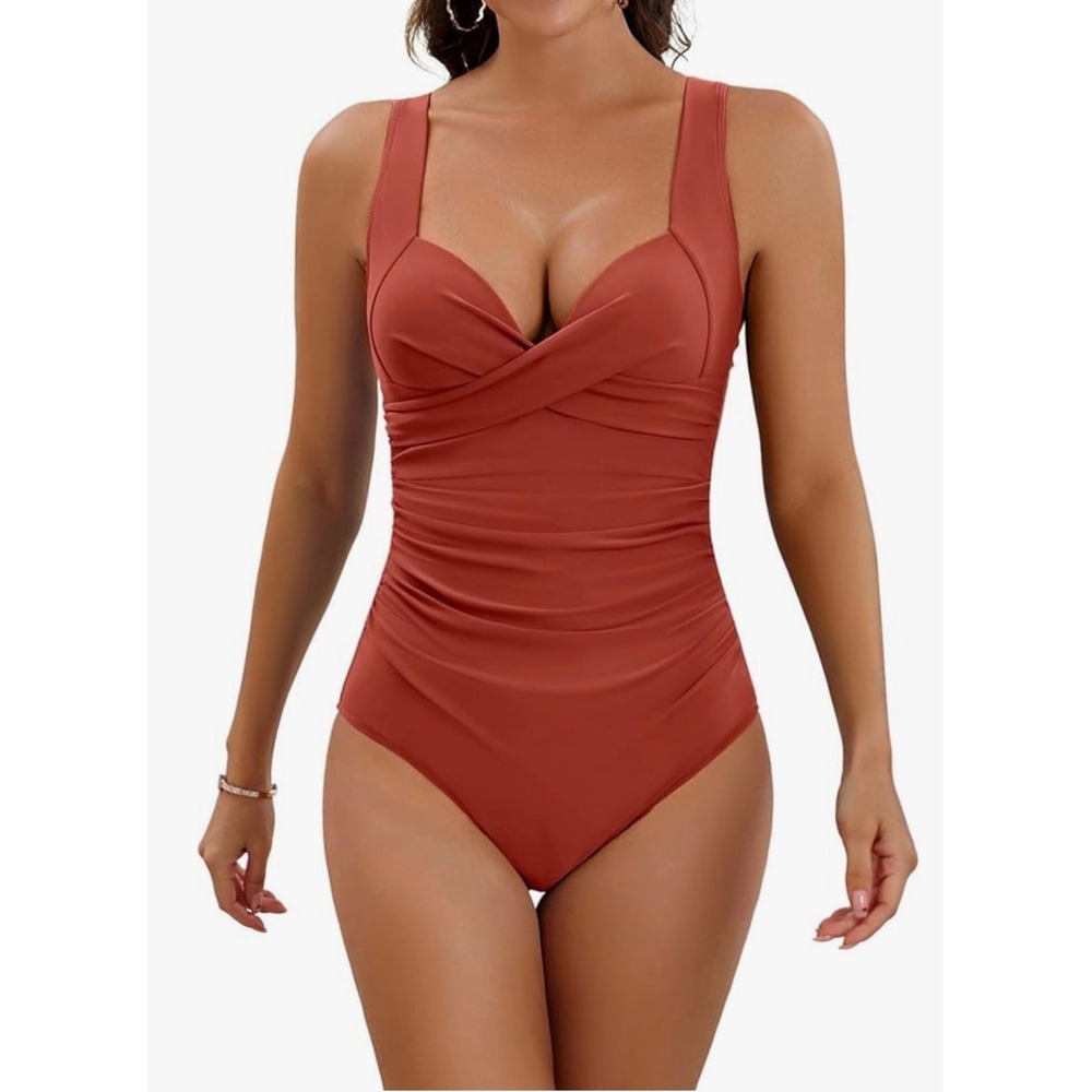 Eomenie Womens Ruched One Piece Swimsuit Rust Orange Sweetheart Neck XL NEW